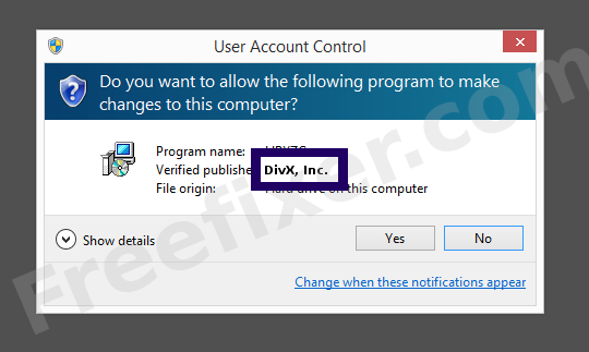 Screenshot where DivX, Inc. appears as the verified publisher in the UAC dialog